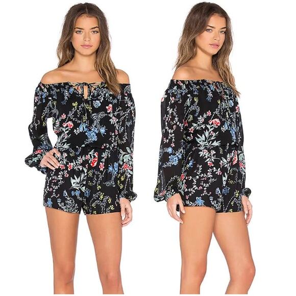 Parker Cloud Woodland Silk Off-the-Shoulder Long Sleeve Romper Black Women's XS - Picture 1 of 7